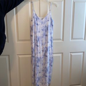 Size medium, white & light blue, maxi dress, spaghetti strap.